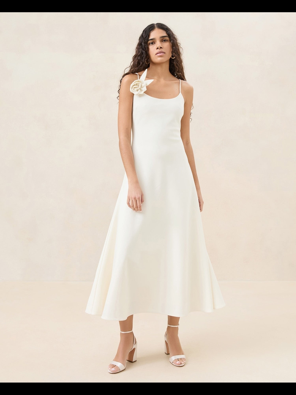 Loeffler Randall Fit and Flare Ivory Midi Dress with Floral Shoulder Accent NWT